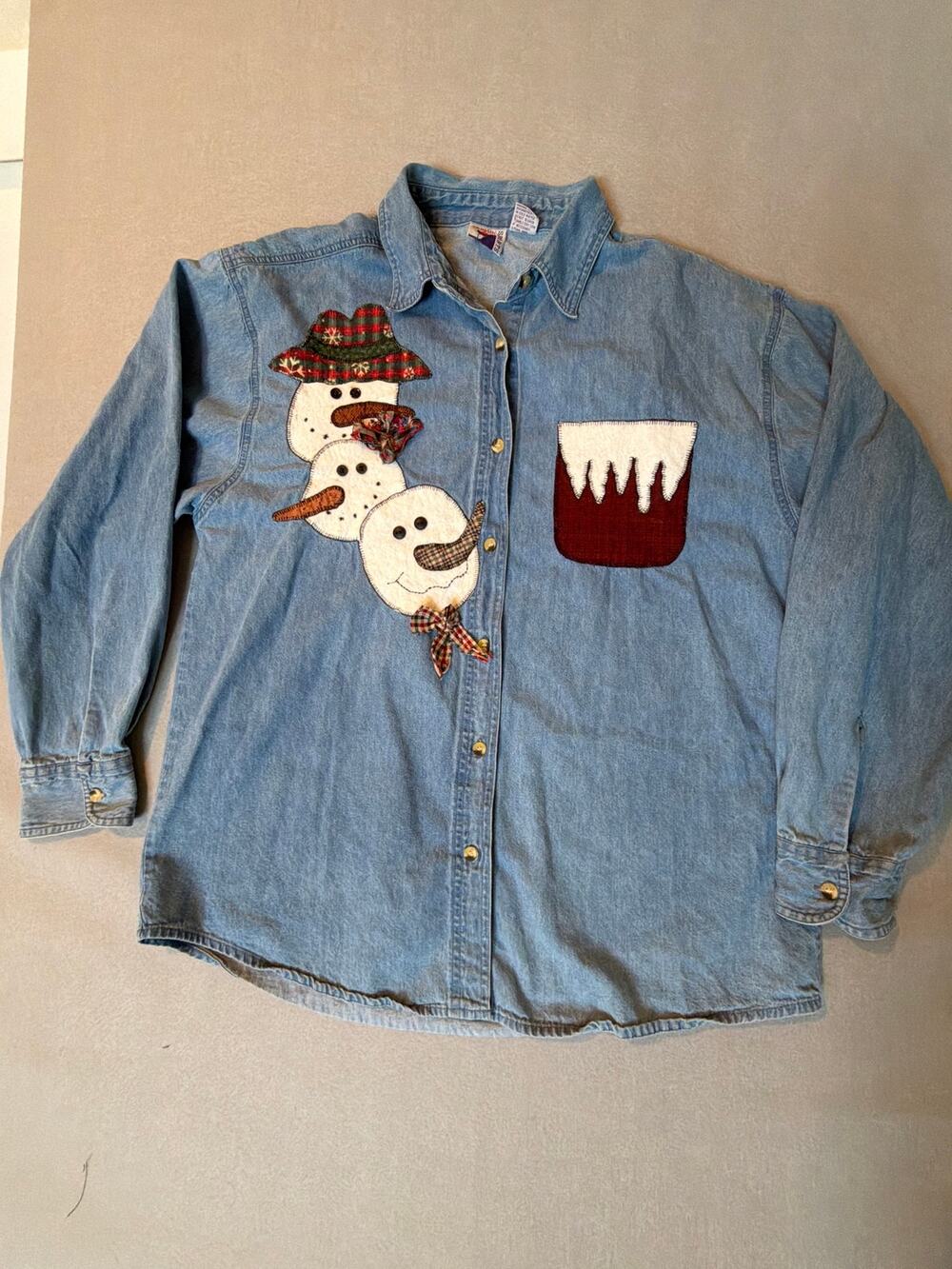 Vintage Snowman Christmas Denim Button Front Shirt XL patchwork novelty Holiday